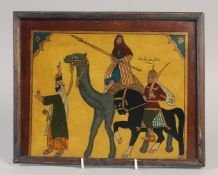 A 19TH CENTURY PERSIAN REVERSE GLASS PAINTING, inscribed, framed, 23.5cm x 29cm.