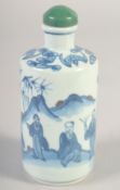 A LARGE CHINESE BLUE AND WHITE PORCELAIN SNUFF BOTTLE AND JADE STOPPER, decorated with figures and