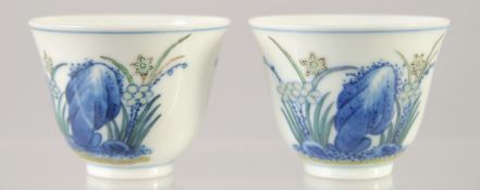 A PAIR OF CHINESE DOUCAI PORCELAIN CUPS, decorated with flora, six-character mark to base, 5cm