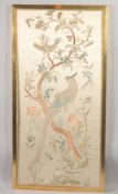 A LARGE 20TH CENTURY CHINESE SILK PANEL, depicting birds, butterflies, and flora, framed, image