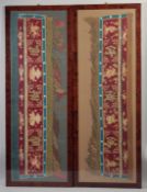 A PAIR OF 19TH CENTURY CHINESE EMBROIDERED SILK PANELS, with characters and flora, framed and