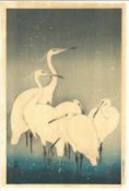 SHOSON OHARA (1877-1945): EGRETS IN THE SNOW; early 20th century Japanese woodblock print.