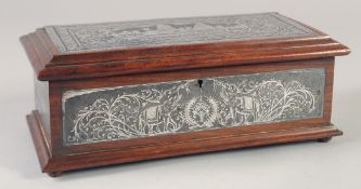 A SILVER PANELLED RECTANGULAR WOODEN BOX, 25cm long.