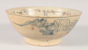 AN UNUSUAL NISHAPUR DESIGN CHINESE MOTIF POTTERY BOWL, 15cm diameter.