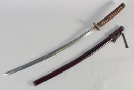 A 20TH CENTURY JAPNESE KATANA, with cord bound grip, decorative mounts, in a dark red lacquer
