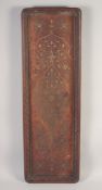 AN INDIAN BRASS INLAID CARVED HARDWOOD RECTANGULAR TRAY, 94.5cm x 30.5cm.