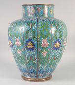 A LARGE CHINESE BLUE GROUND CLOSONNE VASE, decorated with floral motifs and precious objects, 41cm