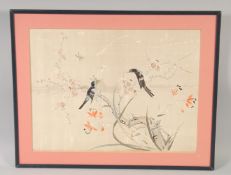 AN EARLY 20TH CENTURY CHINESE TEXTILE of birds and insects, framed, textile 43cm x 33cm.