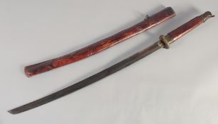 A 20TH CENTURY JAPANESE TACHI, with leather covered grip and scabbard, 96cm long overall.