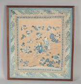 A 19TH CENTURY CHINESE PANEL OF A SCHOLAR riding on kylin with his apprentice, framed and glazed,