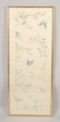 A 19TH CENTURY CHINESE BUTTERFLY SILK PANEL, framed and glazed, textile 77.5cm x 30.5cm.
