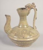 A CHINESE OLIVE GREEN GLAZE EWER, 17cm high.
