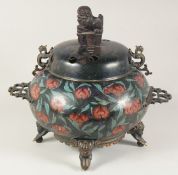 A VERY LARGE CHINESE CLOISONNE CENSER AND COVER, the censer decorated with flora and leaf pattern on