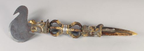 A FINE TIBETAN MIXED METAL CERAMONIAL RITUAL AXE, with dagger and axe head protruding from two