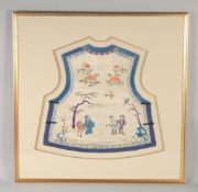 A 19TH CENTURY CHINESE CHILD'S WAISTCOAT, decorated with figures, framed and glazed, 65.5cm square.