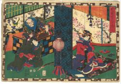 TOYOKUNI III UTAGAWA (1786-1865): THREE ORIGINAL JAPANESE WOODBLOCK PRINTS; The Tale of Genji, 1852,