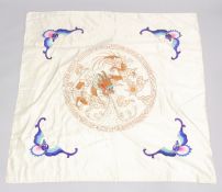 A 20TH CENTURY CHINESE SILK TABLECLOTH, with metal threaded dragon and bats.