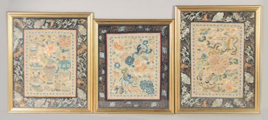 A GROUP OF THREE 19TH CENTURY CHINESE TEXTILES, one with scholar's subjects, one with bats and the