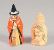 AN EARLY 20TH CENTURY RARE BLUSH IVORY FIGURE OF THE GEISHA and another of the Witch both pre-1930.