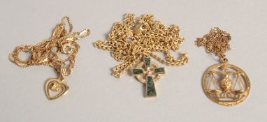 A 9CT GOLD CROSS AND CHAIN, SCALES OF JUSTICE PENDANT AND CHAIN AND HEART PENDANT AND CHAIN. 15gms.