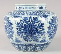 A VERY LARGE CHINESE BLUE AND WHITE PORCELAIN JAR, decorated with floral motifs. 29cm high.