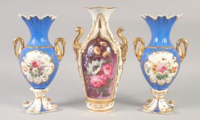 A 19TH CENTURY ROCKINGHAM PAIR OF VASES with bird head handles painted with flowers in panels on a