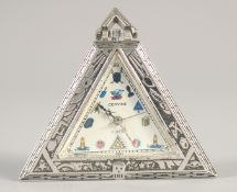 A SILVER TRIANGULAR SHAPED CERVINE POCKET WATCH. 1.75ins