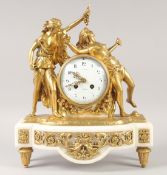 A VERY GOOD LOUIS XVI GILT BRONZE AND MARBLE CLOCK with 11mm white enamel dial with black numbers,