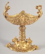 A GOOD GILT BRONZE CUPID PEDESTAL SALT.