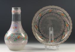 A BOHEMIAN GLASS HUQQA BASE AND CIRCULAR DISH enamelled with flowers. 10ins high the base 9.75ins