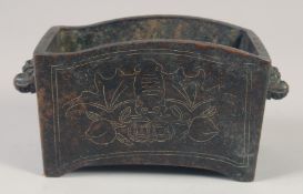 A GOOD CHINESE SILVER INLAID RECTANGULAR CENSER. 6ins long.
