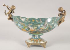AN OVAL PORCELAIN COMPORT painted with birds and flowers with gilt cupid handles. 11ins wide.