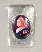 A VICTORIAN ENGRAVED SILVER CIGARETTE CASE with an oval enamel of Queen Victoria. London 1892.