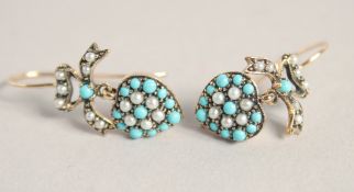 A PAIR OF 9CT GOLD TURQUOISE AND PEARL HEART SHAPED EARRINGS.