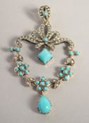 A 9CT GOLD TURQUOISE AND PEARL PENDANT.