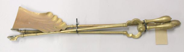 A SET OF THREE VICTORIAN BRASS AND STEEL FIRE IRONS