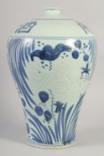 A LARGE CHINESE BLUE AND WHITE MEIPING VASE. 16ins high.