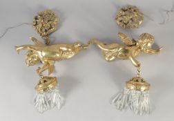 A GOOD PAIR OF GILT BRONZE CUPID WALL LIGHTS with cut glass prism drop. 12ins long.
