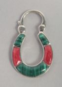 A SILVER MALACHITE AND CORAL PADLOCK.