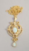 A GOLD ON SILVER CULTURED OPAL SET, PENDANT AND CHAIN.