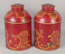 A PAIR OF TOLEWARE TEA JARS. 14ins high.