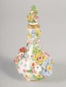 A 19TH CENTURY DERBY FLORAL ENCRUSTED SCENT BOTTLE AND STOPPER. Crown 