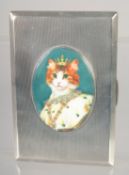 A GOOD LARGE HEAVY ENGINE TURNED CIGARETTE CASE with and oval enamel of a cat wearing a crown.
