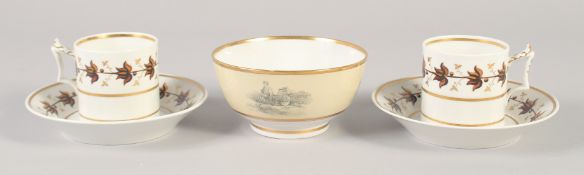 A FLIGHT BARR PAIR OF COFFEE CANS AND SAUCERS painted with brown leaves and a Barr Flight and Barr