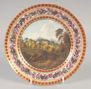 AN 18TH CENTURY ENGLISH PORCELAIN PLATE painted with a stately residence.