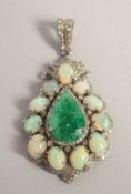 AN OPAL EMERALD AND DIAMOND SET PENDANT.