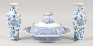 A BLUE AND WHITE SQUARE PORCELAIN TUREEN AND COVER. and a small pair of blue and white vases.