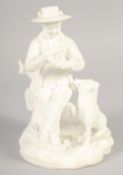 A 19TH CENTURY ROCKINGHAM FIGURE OF A BOY sitting on a tree stump, his dog sitting beside, on a