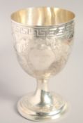 A GOOD BRIGHT CUT SILVER GOBLET with key pattern, acanthus and other decoration. 7ins high.