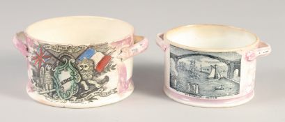 TWO 19TH CENTURY SUNDERLAND PINK LUSTRE CIRCULAR, TWO HANDLED POTS, 